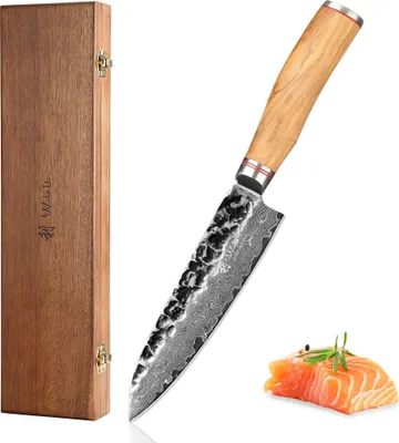 Zdjęcie produktu dla Nóż Wakoli Santoku I 17 cm ostrze I rękojeść z drewna oliwnego i uderzenie młotkiem