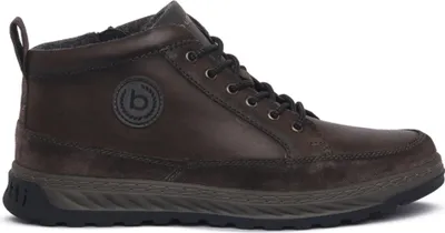 A single brown leather boot is shown against a white background.