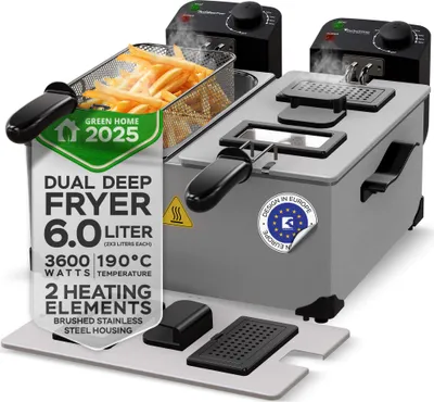 Obrázok produktu pre TurboTronic dvojitá olejová fritéza - DF2 - 3600W, 2×3 l, nerezová fritéza so studenou zónou s dielmi vhodnými do umývačky riadu, priezormi a presnou reguláciou teploty 0–190 °C, fritéza silber