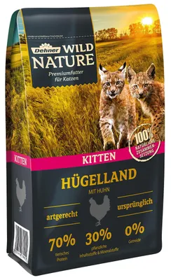Produktbild von Dehner Wild Nature Katzenfutter Hügelland Kitten, Trockenfutter getreidefrei, für junge Katzen, Huhn, 1.5 kg
