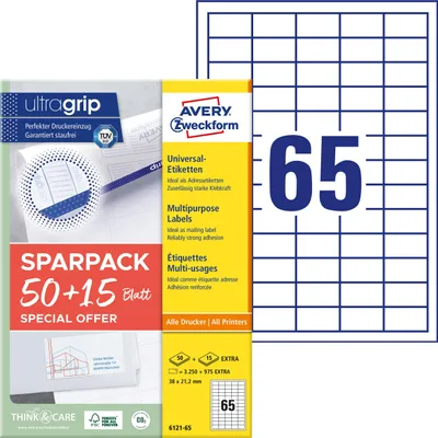 Zdjęcie produktu dla Avery 6121-65, Biały, Prostokąt, Na stałe, A4, Uniwersalne, Papier