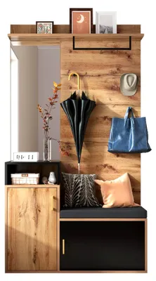 Produktbild von Flurgarderoben Set - Garderobe mit Schuhschrank, Spiegel & 4 Haken, kompakte Garderobe in Schwarz/Holz für den Flur, 2 Schuhfächer & Sitz, H191,5/B105/T40 cm