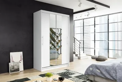 Zdjęcie produktu dla Szafa 2-drzwiowa przesuwna NIKO2 120cm kolor biały – lustro na froncie, w zestawie półki, drążki, solidne wykonanie, idealna do różnych pomieszczeń