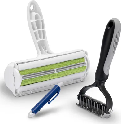 Produktbild von FinoPet 3er Set Hundebürste, Katzenbürste, XL Fusselrolle und Zeckenzange im Aktionsset, Langhaar und Unterwolle Fellbürste, Tierhaarentferner