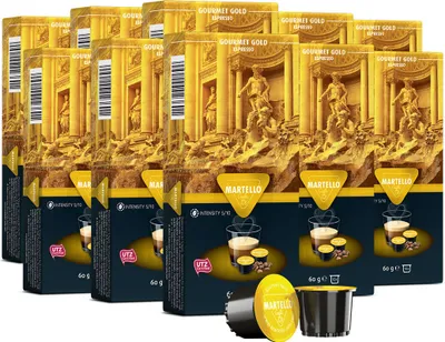 A collection of Martello Gourmet Gold Espresso coffee capsules in their packaging.