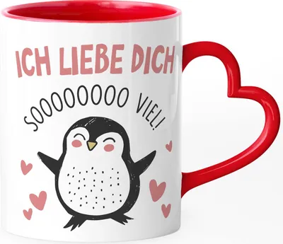 Produktbild von Tasse mit Herz-Henkel Kaffee-Tasse Geschenk Liebe Valentinstag Jahrestag Pinguin Spruch Ich liebe dich Herz SpecialMe® inner-rot Herz-Tasse