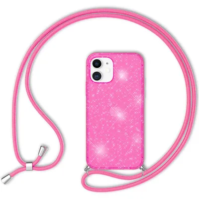 Produktbild von NALIA Glitzer Hülle mit Kette für iPhone 12 mini, Glitter Case Kordel Bling Etui Pink Glitzer