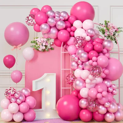 Image de Kit d'arche de ballons, 115 pièces, rose avec confetti rose doré, pour décoration d'anniversaire