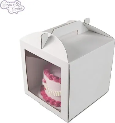 Produktbild von Tortenkarton 25.4 x 25.4 x 25,4 cm mit Henkel und Sichtfenster vorne, weiß,  Cake Box
