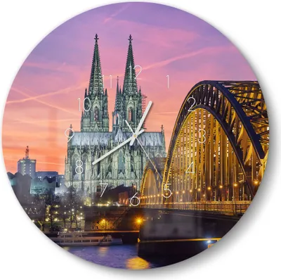 Produktbild von DEQORI Glasuhr Ø50 cm Zahlen 'Kölner Wahrzeichen abends' Wanduhr Glas Uhr Design leise