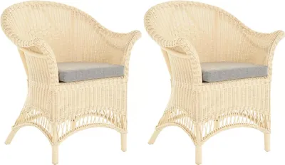 Produktbild von KRINES HOME 2er Set Extra breiter Rattansessel Landhaus Flechtsessel Natur Rattan Sessel Korbsessel Wintergarten (Creme)
