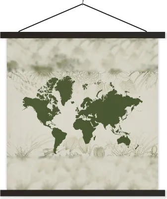 Produktbild von MuchoWow® Textilposter Weltkarte - Grün - Blume 120x120 cm mit schwarzem Rahmen - Aufhängungsset