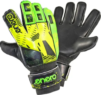 Produktbild von Enero ULTRA Torwarthandschuhe Größe 7 – Latex-Handfläche mit Extra-Grip, Flat-Cut für größere Fangfläche, 2,5 mm PVC-Dämpfung, verstellbarer Klettverschluss, leicht & komfortabel, , Schwarz/Grün/Gelb – Junior/Youth Training & Spiel
