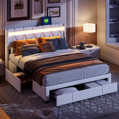 Produktbild von CDGlobal Doppelbett Polsterbett 160x200 mit LED-Kopfteil und USB/Type-c Port, Stauraumbett mit 4 Stauraum ,Schubladen und Stauraum Kopfteil, Bett mit Lattenrost, und bettkasten, Leinen, Beige