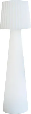 A white floor lamp with a pleated shade.