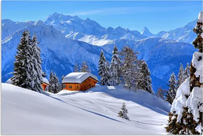 Produktbild von MuchoWow® Poster Hütte in der Winterlandschaft der Schweiz 180x120 cm - Fotoplakat