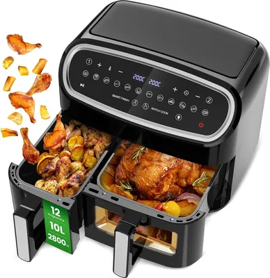 Produktbild von CIRCLIO Heißluftfritteuse, 10 Liter, Doppelkammer, Ölfrei, Sichtfenster, LED-Touchscreen, Einstellbare Zeit & Temperatur, Mini-Backofen, 12 Kochvoreinstellungen, Abnehmbare Antihaft-Edelstahlkörbe, Schwarz, 2 Körbe, 2800W, 9kg