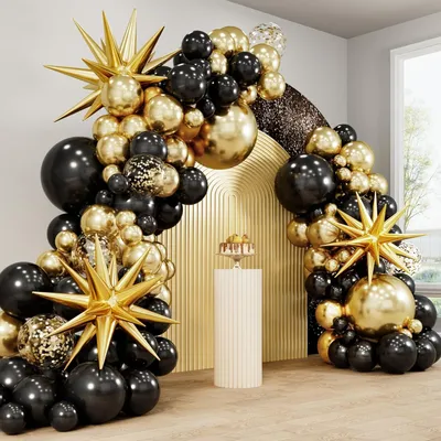 Produktbild von Ballongirlande Set 104 Stücke, schwarz und gold, 12 cm, 25 cm, 45 cm, für Geburtstag