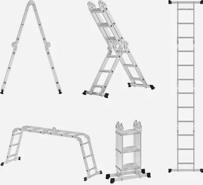 Multiple configurations of an aluminum multi-purpose ladder are displayed against a white background.