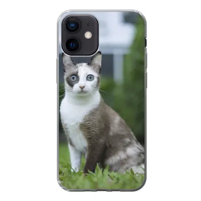 Produktbild von MuchoWow® Handyhülle Schutzhülle Hülle für iPhone 12 Katze - Siamese - Gras - Mädchen - Kinder - Jungen - Kind Silikon Softcase Handy Hülle - Schutzhülle