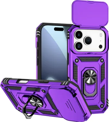 Image de Étui pour iPhone 17 Pro étui double couche avec couvercle coulissant pour l'appareil photo et support annulaire Violet