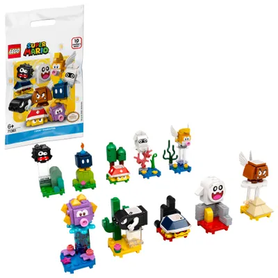 A collection of LEGO Super Mario character blind bag figures displayed on a white background, with the packaging bag visible on the left.