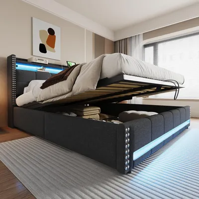 Image de OKWISH Lit Coffre 180x200 cm, lit double avec rangement, LED télécommandée et prise USB, sans matelas - Lin, Gris