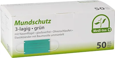 Produktbild von Medi-Inn® 50 "Medi-Inn®" Mundschutz Type II 3-lagig 9 cm x 17,5 cm grün mit Nasenbügel | Faltschachtel (50 Stück)