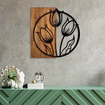 Image de Wallity, Tulips, accessoire mural décoratif en bois, 100 % BOIS / MÉTAL, noyer, 56 x 57 cm