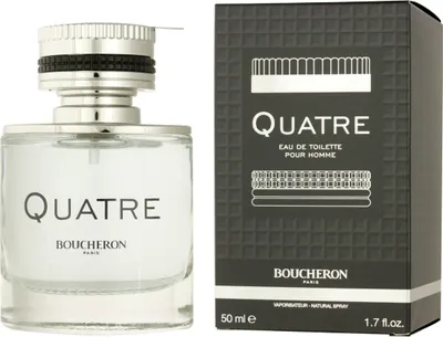 A bottle of Boucheron Quatre Pour Homme Eau de Toilette and its packaging are displayed side-by-side against a white background.