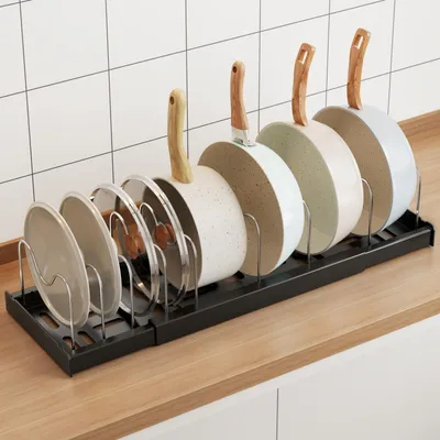 Produktbild von Pfannenhalter ausziehbar, 9 verstellbare Fächer, schwarz, für die Küche