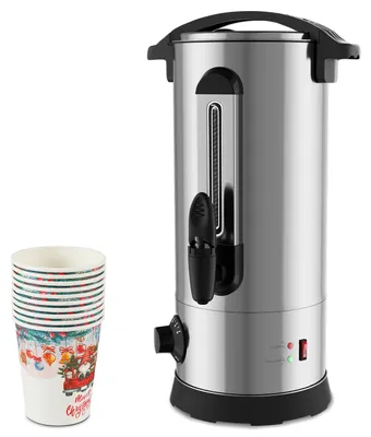 Obrázek produktu pro ISOISL Varná konvice na svařené víno, objem 10 litrů, výkon 1500 W, stříbrná barva, vhodná pro svařené víno a punč, s regulací teploty, výpustí a 10 papírovými kelímky