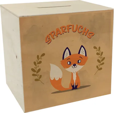 Produktbild von Spardose aus Holz mit süßem Fuchs Motiv und Spruch - Sparfuchs