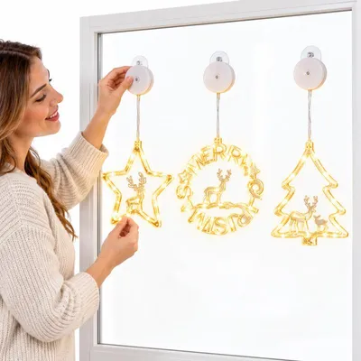 Produktbild von LED Weihnachtsdeko Fenster 3er Set, warmweiß, Stern Weihnachtsbaum Rentier, mit Saugnapf, batteriebetrieben, Dauerlicht