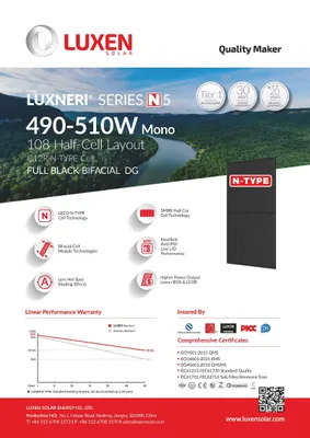 Produktbild von Luxen Solar 500W Bifazial Solarmodul TopCon Luxneri Series N5 Full Black