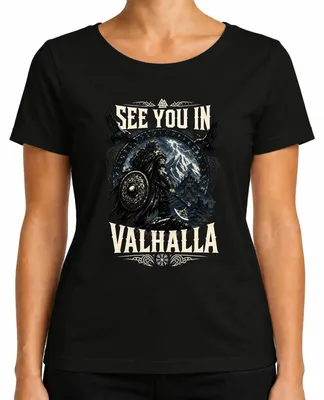 Imagen del producto de Camiseta negra para mujer, talla XL, con el diseño "See You In Valhalla", con motivos vikingos, guerreros, Odín, el símbolo Valknut, runas y Thor