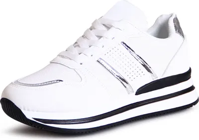 A single white sneaker with black and silver accents, shown from a side-diagonal angle against a white background.
