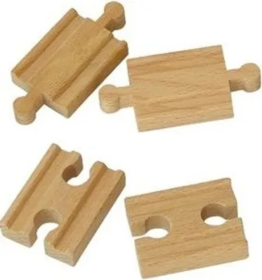 Four wooden train track adapter pieces on a white background.