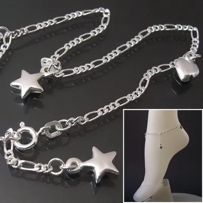 Produktbild von Fußkette Figaro 925 Sterling Silber 25cm Charms Stern Herz FK11422-25