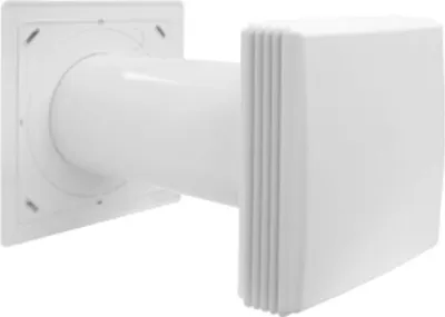 A white wall vent with a square mounting plate and a cylindrical tube extending outwards, ending in a square cover with horizontal ridges.