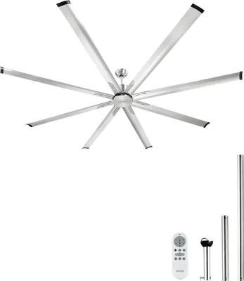 A large ceiling fan with eight blades is shown against a white background. Accessories like a remote control and mounting poles are also visible.
