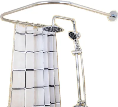 A shower curtain rod and shower head with a shower curtain.