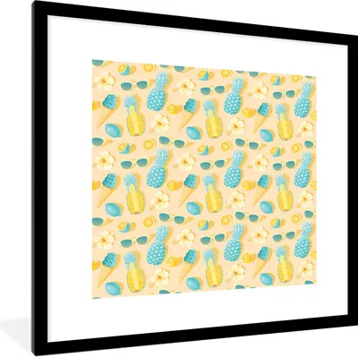 Produktbild von MuchoWow® Gerahmtes Poster Sommer - Muster - Ananas 40x40 cm - Poster mit Schwarzem Bilderrahmen Wandposter Rahmen Foto Bilder - Poster - Plakat im Rahmen