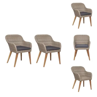 Multiple views of outdoor chairs with cushions.