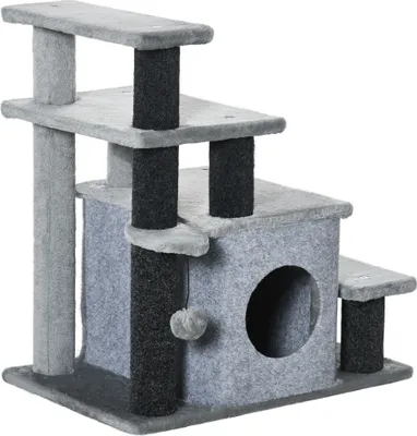 Produktbild von PawHut Haustiertreppe, 3/4-stufige höhenverstellbare Katzentreppe mit Schlafhöhle 2 in 1 praktische Hunderampe für kleine Hunde und Katzen Einstieghilfe für hohe Betten Sofa Grau 60 x 40 x 66 cm
