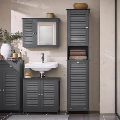 A dark gray bathroom vanity set with a sink and a tall cabinet.