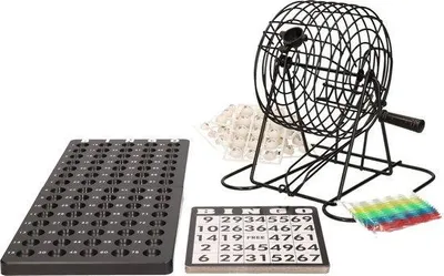 Produktbild von Bingo-Trommel 20 cm – schwarzes Metall – mit 75 Bingo-Kugeln – Korb 13,5 cm