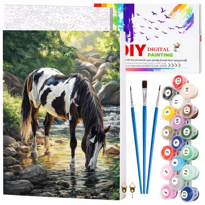 Image de EDIBAZZAR | Peinture par numéros avec cadre, toile de 40 x 50 cm : Cheval près d'un ruisseau