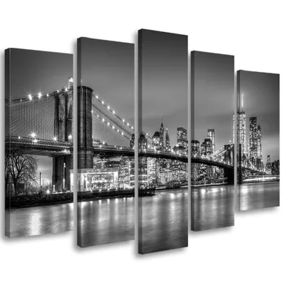 Produktbild von 5-teiliges leinwandbild new york bridge schwarz und weiß 200x100 cm Feeby grau wandbild bereit zum aufhängen
