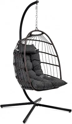 Imagen del producto de Silla colgante para exteriores con estructura, capacidad de 250 kg, resistente a la intemperie, con cojín plegable, ideal para jardín, balcón o interior, color gris